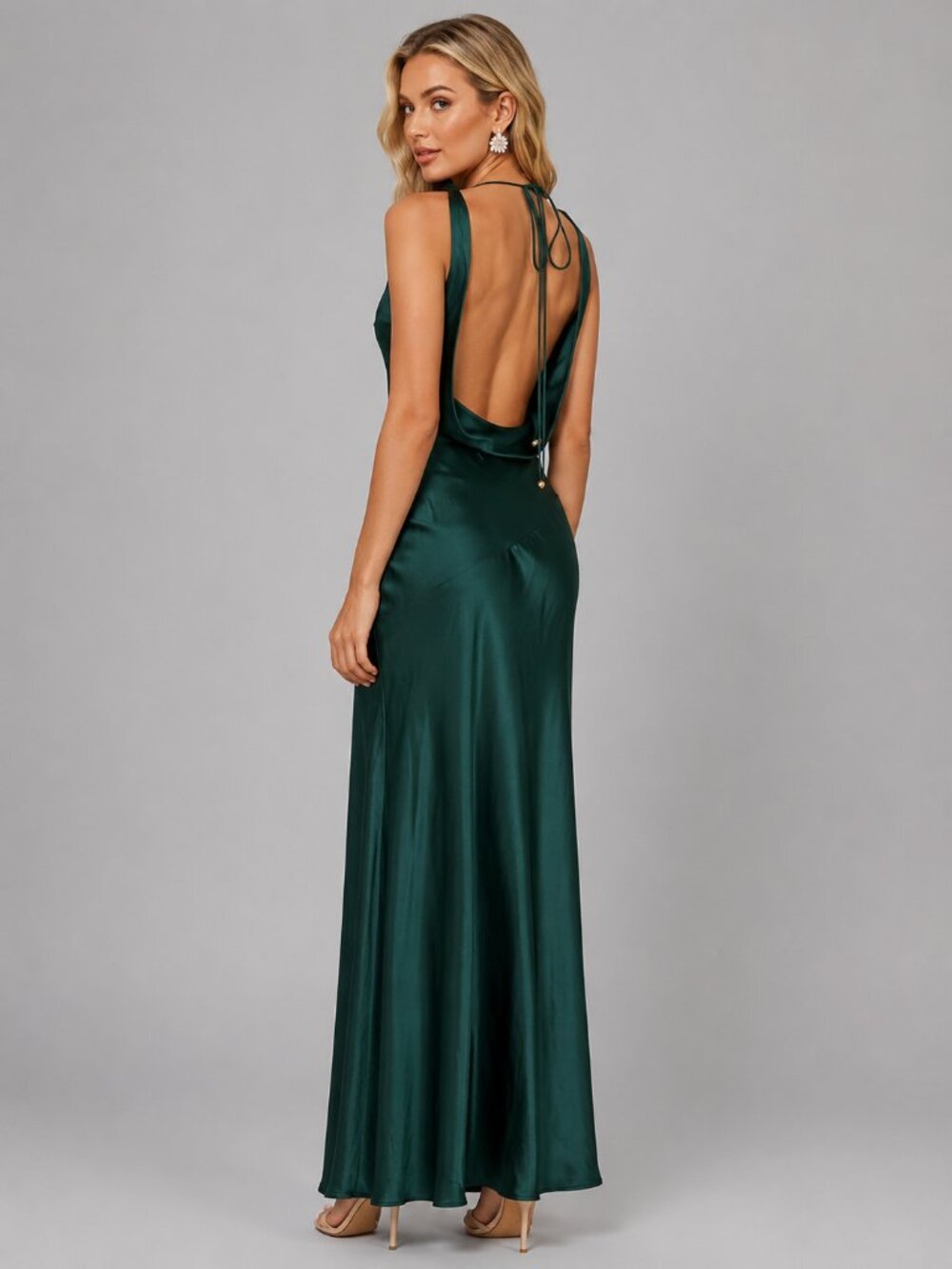 Women's Satin Backless Maxi Dress Cowl Neck Sleeveless Formal Evening Gown - Picture 2 of 4